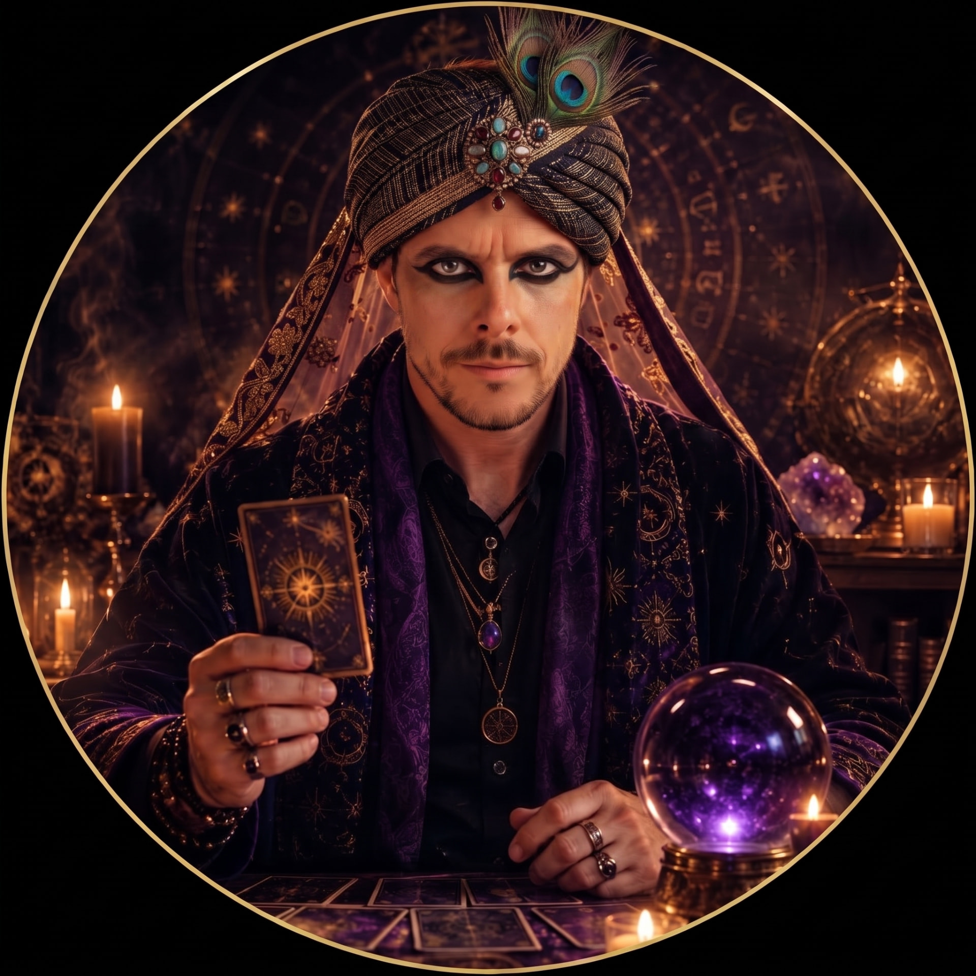 Élysia, cartomancienne, tenant une carte de tarot